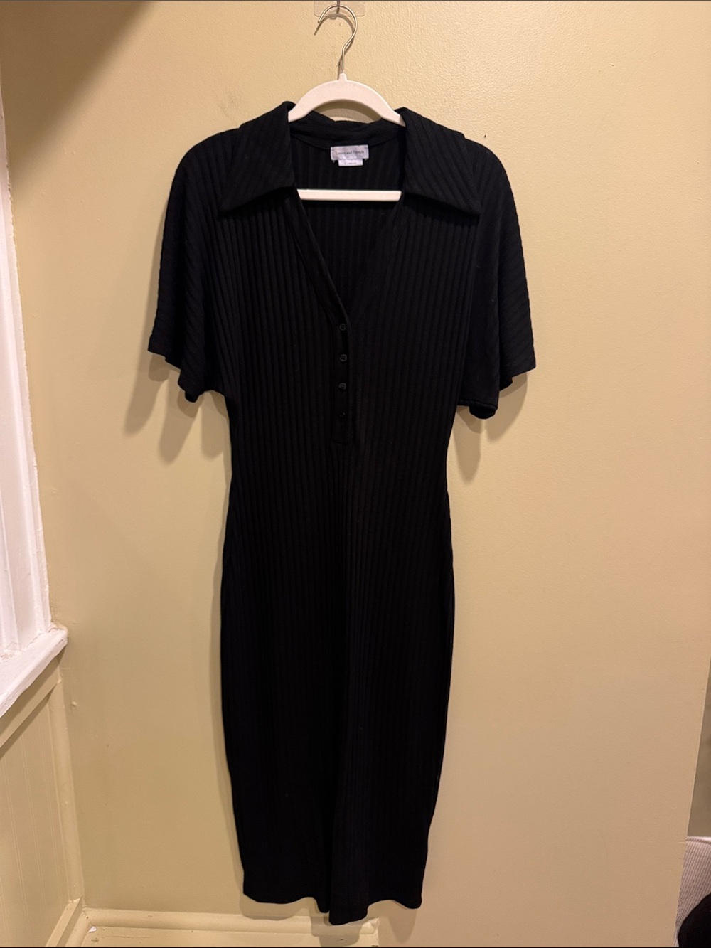 Lovers + Friends Black Ribbed Collared Midi Dress